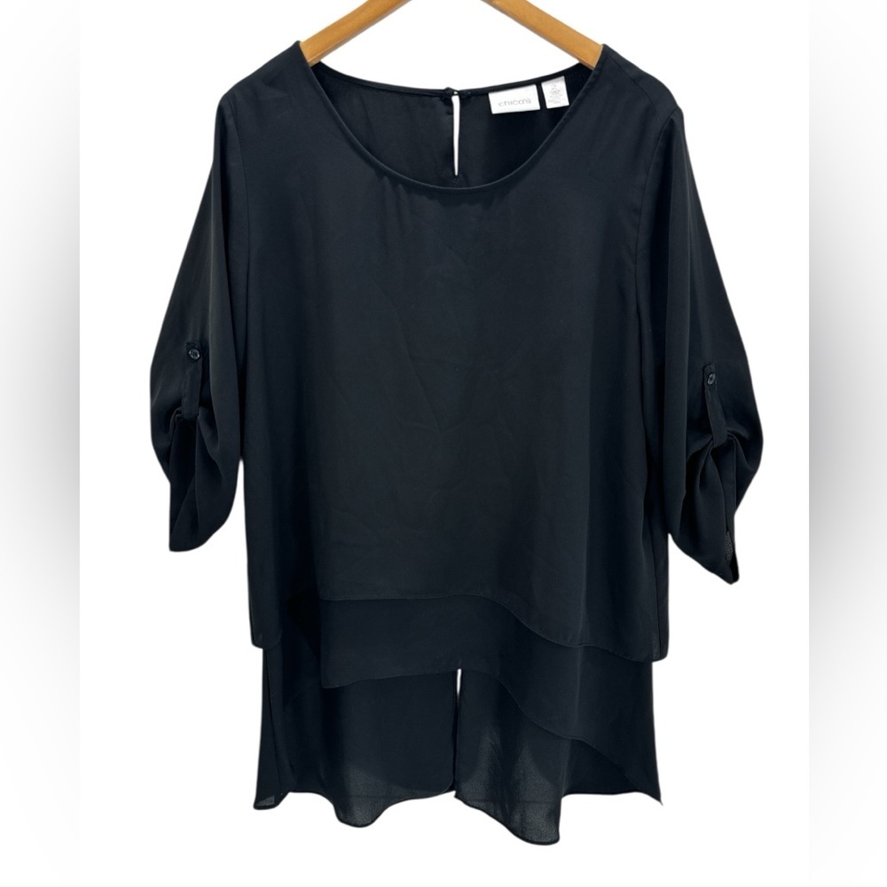 Chico’s Black‎ Dovetail Split Back Tunic Top Minimalist Flowy Longline Blouse L
